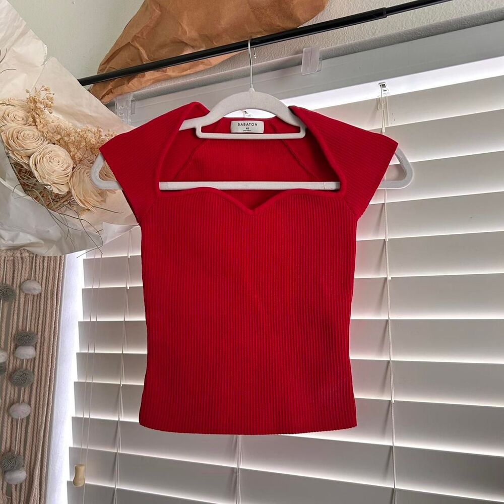 Aritzia babaton red Sculpt Knit Prado Sweetheart neckline Top XS - Picture 2 of 6
